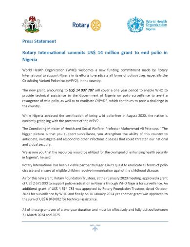  Press Statement - Rotary International commits US$ 14 million grant to end polio in Nigeria 